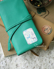 Handmade vintage sweet green stamp tie leather long bifold wallet for women/lady - EverHandmade