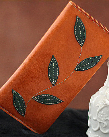 Handmade green orange pretty leaf leather long bifold wallet for women/lady girl