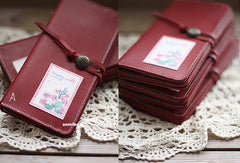 Handmade vintage red sweet cute retro leather long bifold wallet for women/lady