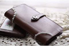 Handmade vintage coffee sweet cute leather long bifold wallet for women/lady - EverHandmade