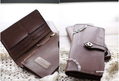 Handmade vintage coffee sweet cute leather long bifold wallet for women/lady
