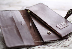 Handmade vintage coffee sweet cute leather long bifold wallet for women/lady