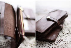 Handmade vintage coffee sweet cute leather long bifold wallet for women/lady - EverHandmade
