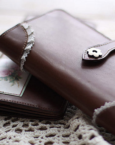 Handmade vintage coffee sweet cute leather long bifold wallet for women/lady