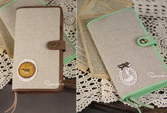 Handmade vintage rustic sweet cute fabric leather long bifold wallet for women/lady girl - EverHandmade