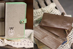 Handmade vintage rustic sweet cute fabric leather long bifold wallet for women/lady girl