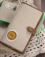 Handmade vintage rustic sweet cute fabric leather long bifold wallet for women/lady girl - EverHandmade