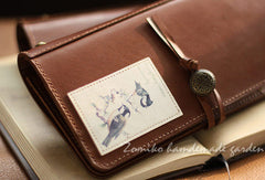 Handmade vintage rustic sweet stamp leather long bifold wallet for women/lady girl