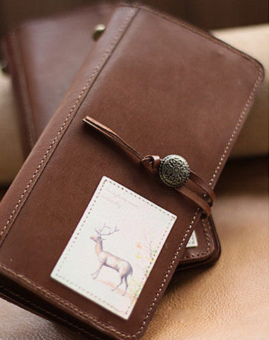 Handmade vintage rustic sweet stamp leather long bifold wallet for women/lady girl - EverHandmade