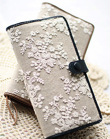 Handmade vintage rustic sweet lace leather long bifold wallet for women/lady girl
