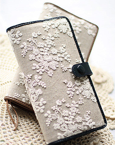 Handmade vintage rustic sweet lace leather long bifold wallet for women/lady girl - EverHandmade