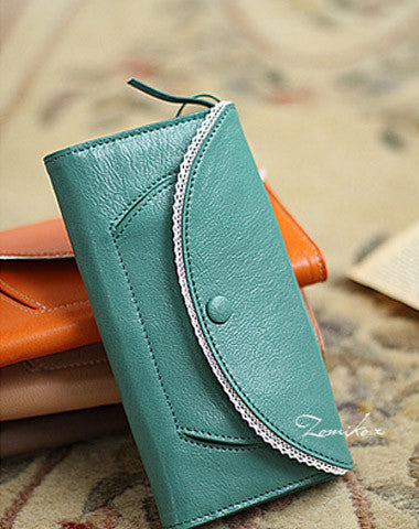 Handmade vintage sweet cute lace leather long bifold wallet for women/lady - EverHandmade