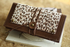 Handmade vintage leopard print cilice leather long bifold wallet for women/lady