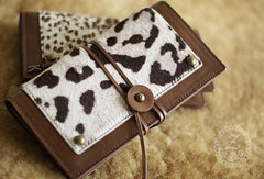 Handmade vintage leopard print cilice leather long bifold wallet for women/lady