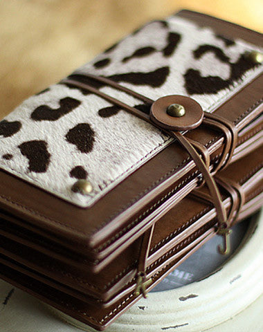 Handmade vintage leopard print cilice leather long bifold wallet for women/lady