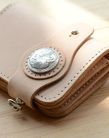 Handmade leather beige billfold biker wallet chain billfold wallet purse clutch for men - EverHandmade