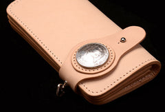 Handmade beige men leather biker wallet chain leather Long wallet purse clutch for men - EverHandmade