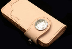 Handmade beige leather biker wallet chain men leather Long wallet purse clutch for men