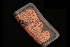 Handmade black brown leather skull carved biker wallet Long wallet clutch for men - EverHandmade