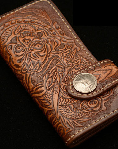 Handmade coffee leather Skull dragon carved biker wallet bifold Long wallet for men - EverHandmade