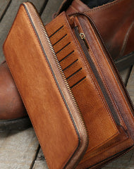 Cool leather mens long wallet vintage zipper long clutch wallet for men - EverHandmade