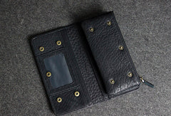 Handmade leather men clutch black vintage zip multi cards long wallet purse clutch
