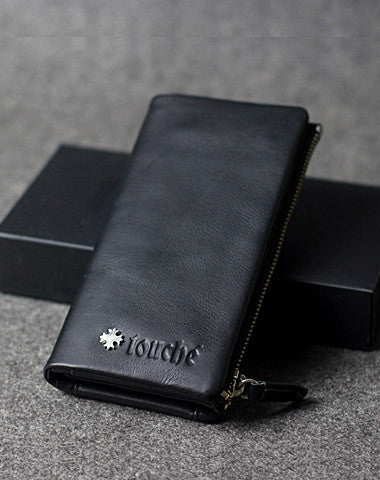 Handmade leather men clutch black vintage zip clutch men long wallet purse clutch - EverHandmade
