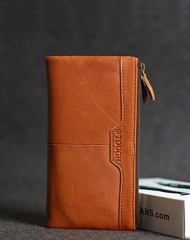 Handmade leather men clutch brown vintage zip clutch men long wallet purse clutch - EverHandmade