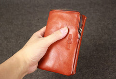 Leather men trifold long wallet clutch brown vintage zip clutch men long wallet purse - EverHandmade