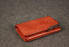 Leather men trifold long wallet clutch brown vintage zip clutch men long wallet purse - EverHandmade