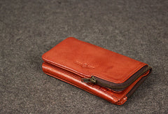 Leather men trifold long wallet clutch brown vintage zip clutch men long wallet purse - EverHandmade