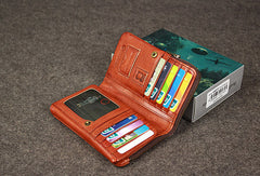 Leather men trifold long wallet clutch brown vintage zip clutch men long wallet purse - EverHandmade