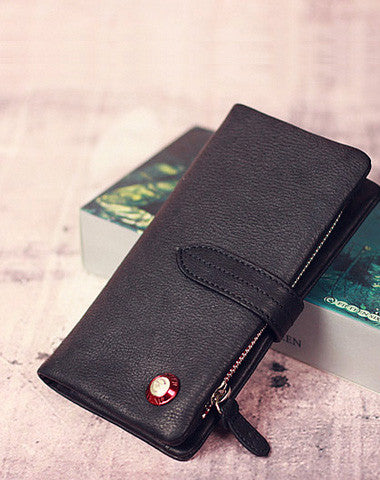 Leather men long wallet clutch black vintage zip phone clutch men purse clutch - EverHandmade
