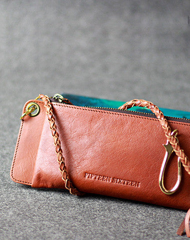 Leather men long wallet chain clutch brown vintage zip clutch men purse clutch - EverHandmade