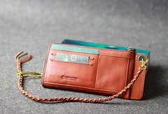 Leather men long wallet chain clutch brown vintage zip clutch men purse clutch - EverHandmade