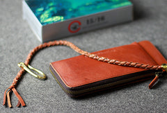 Leather men long wallet chain clutch brown vintage zip clutch men purse clutch - EverHandmade