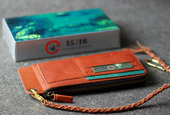 Leather men long wallet chain clutch brown vintage zip clutch men purse clutch - EverHandmade