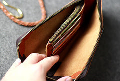 Leather men long wallet chain clutch brown vintage zip clutch men purse clutch - EverHandmade