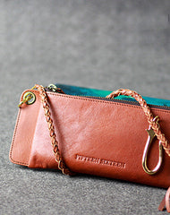 Leather men long wallet chain clutch brown vintage zip clutch men purse clutch - EverHandmade
