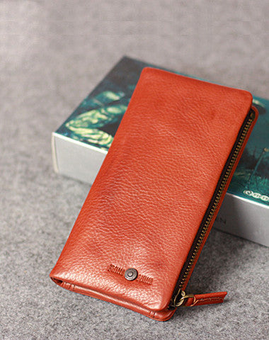 Leather men long wallet clutch brown vintage zip phone clutch men long wallet purse - EverHandmade