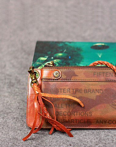 Leather men long wallet chain clutch camouflage vintage zip clutch men purse clutch - EverHandmade