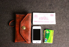 Leather men long wallet clutch brown strip phone vintage clutch men purse clutch - EverHandmade