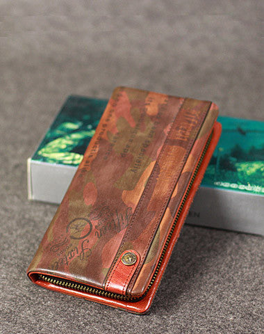 Leather camouflage men zip long wallet clutch vintage clutch long wallet purse