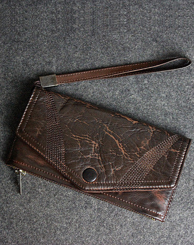 Handmade leather men long wallet clutch black coffee vintage zip clutch men purse - EverHandmade