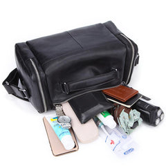 Fashion Black Leather Men's Small Barrel Side Bag Messenger Bag Small Black Overnight Bag For Men