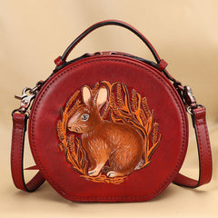Cutest Womens Coffee Leather Round Handbag Bunny - Chain Attachment