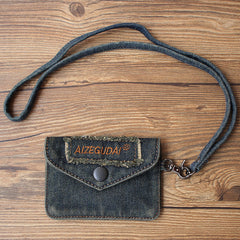 Vintage Womens Black Denim Mini Card Holder with Lanyard Denim Small Card Wallet Purse for Women