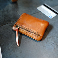 Vintage Women Small Brown Leather Zip Coin Pouch Mini Coin Wallet Change Wallet For Women