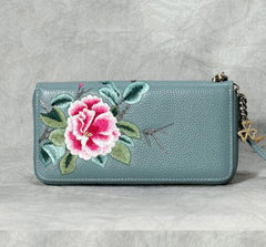Handmade Embroidery Blue Leather Peony Wristlet Wallet Womens Zip Around Wallets Flowers Peony Ladies Zipper Clutch Wallet for Women