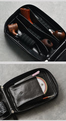 Cool Leather Black Mens Leather 4pcs CIGARETTE Tobacco Pipe Case Zipper Tobacco Pipe Case for Men